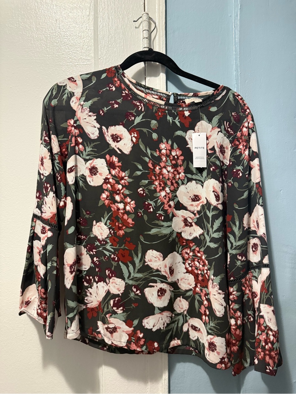 LOFT Olive Green Floral Bell-Sleeve Top